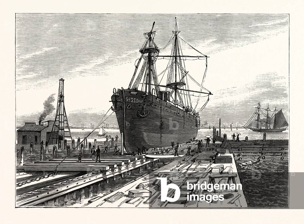 New York: Preparing to Remove the Obelisk from the Hold of the Steamer Dessoug, at the Clifton Dry Dock, Staten Island. U.S., Engraving 1880 1881