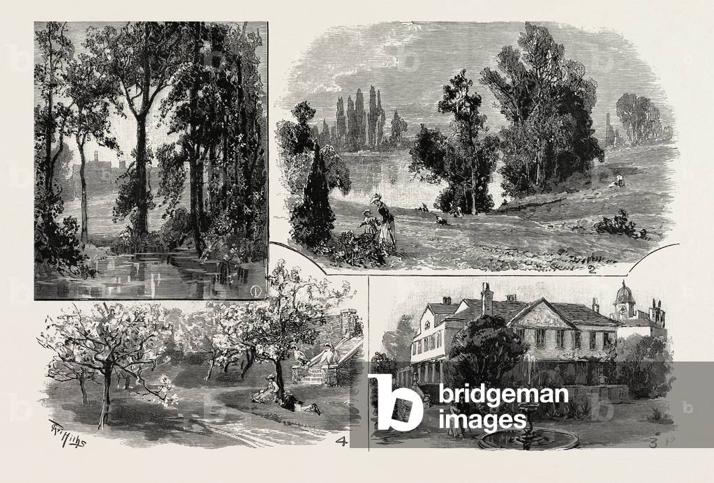 Sketches in Waterlow Park, which Has Been Presented to the Public by Sir Sydney Waterlow: 1. The Upper Pond; 2. The Lower Pond; 3. Lauderdale House, with the Top of Cromwell House Showing Beyond; 4. Under the Blossom, Steps Leading to the Old Kitchen Garden