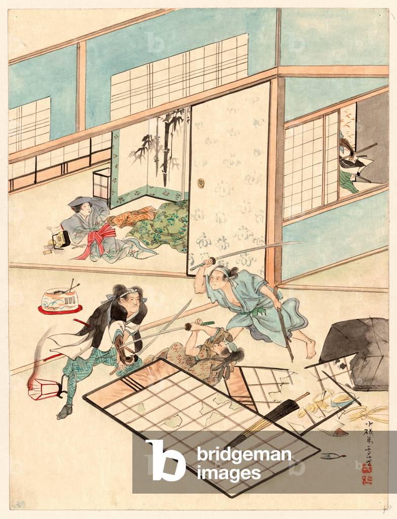 [Juichidanme - Act Eleven of the Chushingura - Searching the House], [Between 1800 and 1850] Disrupting a Woman Writing, and Knocking Down Partitions.