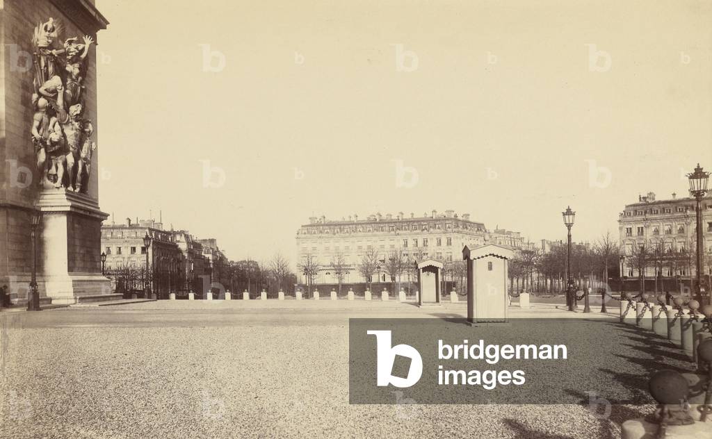 Place de l'Arc de Triomphe / [Place de l'Etoile, Paris]; Charles Marville, French, 1813 - 1879; Paris, France, Europe; about 1877; Albumen silver print; Image: 22.7 x 36.8 cm (8 15/16 x 14 1/2 in.), Mount: 43.7 x 61 cm (17 3/16 x 24 in.) -