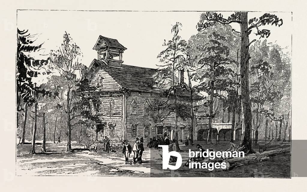Christ Church and Public School, Thomas Hughes Settlement New Rugby Tennesee, Engraving 1884, US, USA, America, United States