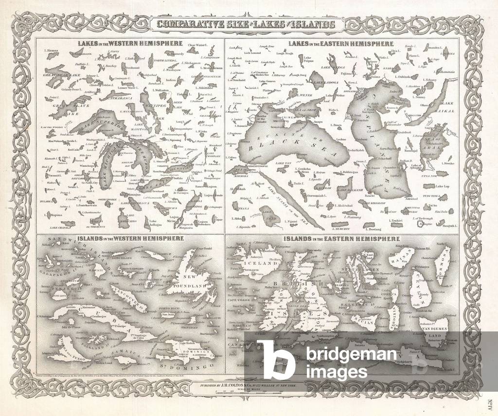 1855, Colton Map or Comparative Chart of the World's Islands and Lakes