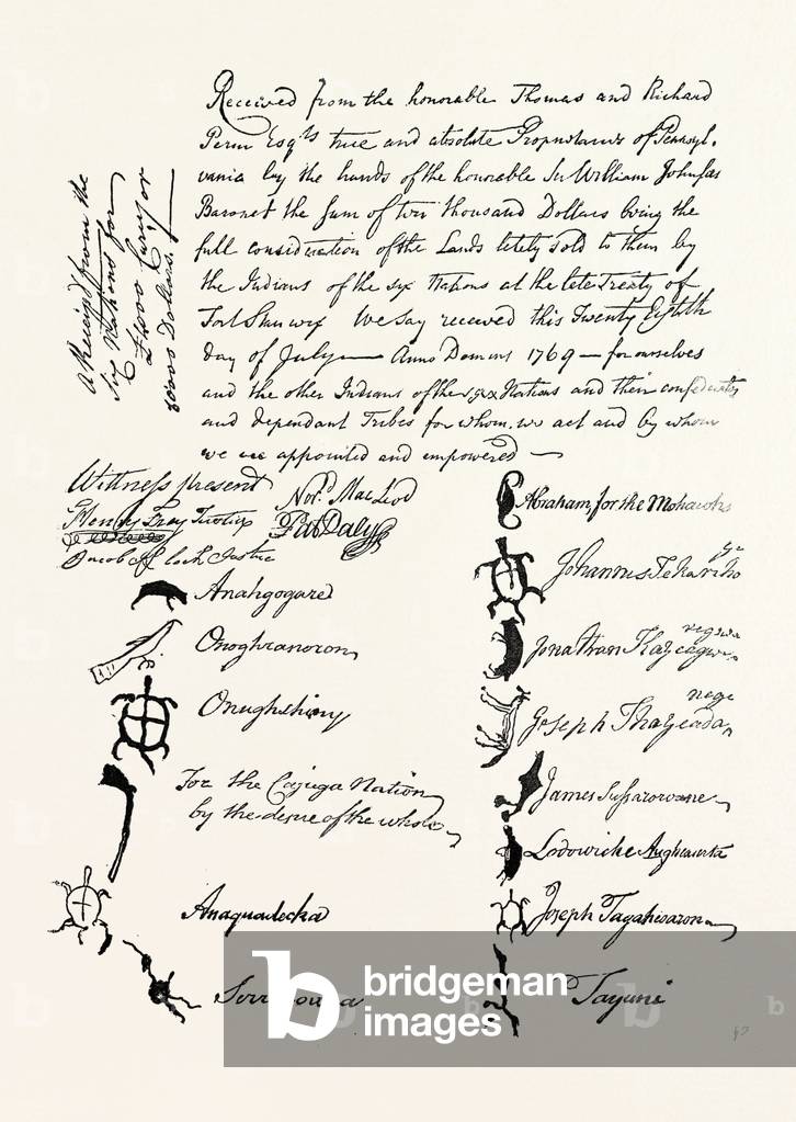 Reduced Facsimile of Treaty with Indian Tribes, 1769, US, USA, 1870s Engraving