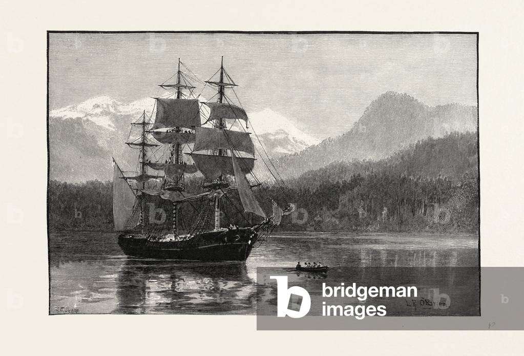 British Columbia, Port Moody, Vessel Containing First Shipment of Canada Pacific R.R. Iron, Canada, Nineteenth Century Engraving
