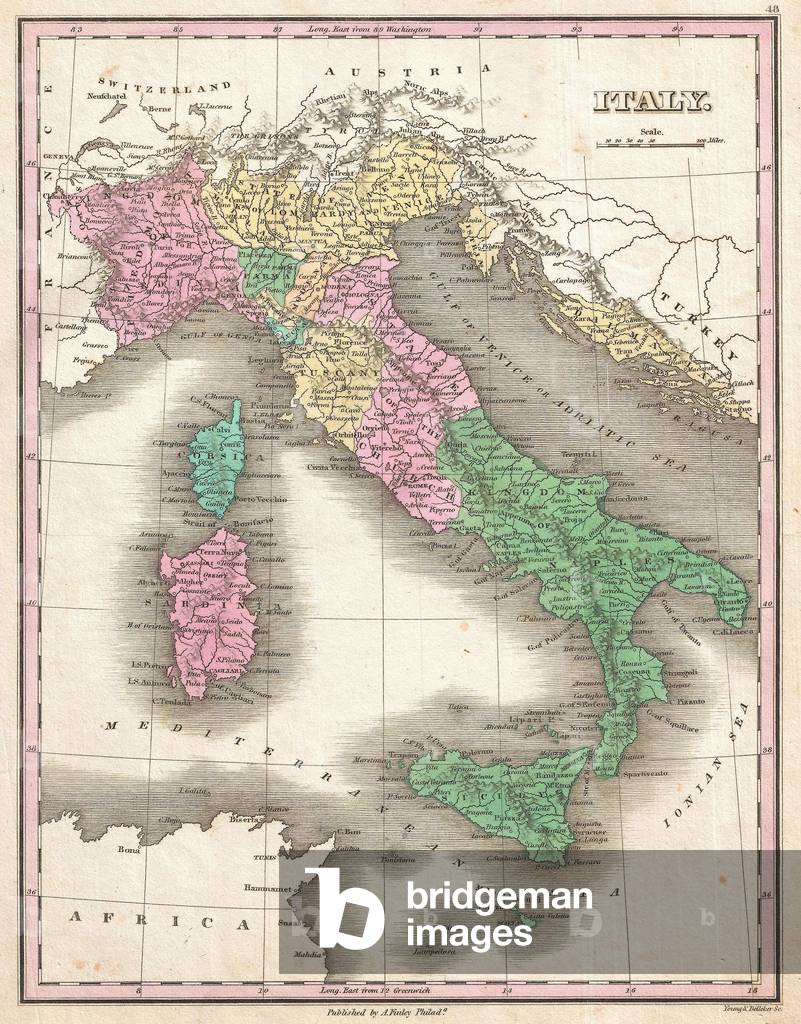 1827, Finley Map of Italy, Anthony Finley mapmaker of the United States in the 19th century