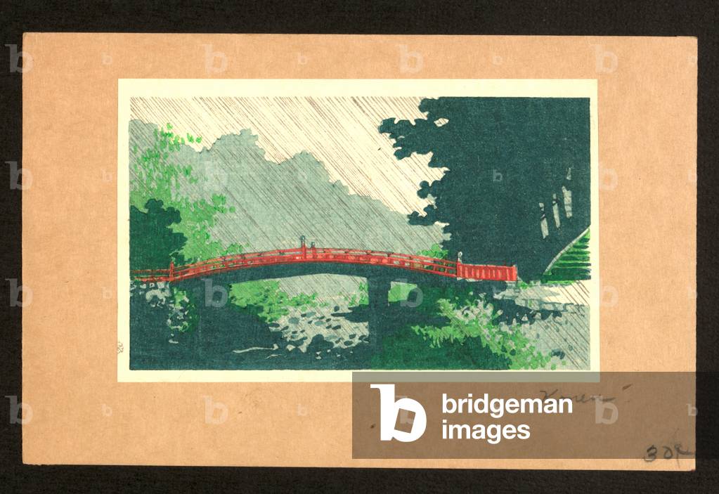 Uchu No Sinkyo, Rain Over Sacred Bridge (Shinkyo). [Between 1900 and 1920], 1 Print : Woodcut, Color ; 8 X 12.7 ., Print Shows a Bridge During a Rain Storm.