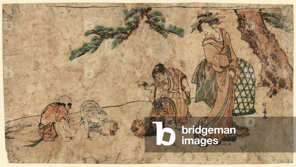 Matsu No Sita No Tokei, Cockfight Under a Pine Tree. [Between 1804 and 1818], 1 Print : Woodcut, Color ; 18 X 32.8 ., Print Shows a Woman and Two Young Men or Boys Watching a Cockfight Beneath a Pine Tree.