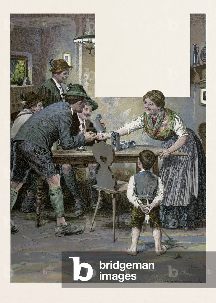 In the Pub. Man, Woman, Child, Boy, Beer Jug, Folk Dress, Hat, German Folk Dress, Food and Drink, Liszt Gourmet Archive, Drink, Drinking, Interior, 19th Century