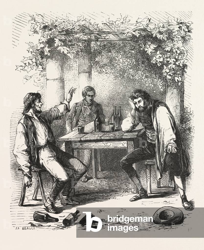 A Glass of Wine in the Garden, the Count of Monte Christo Alexandre Dumas, 1844, Historical Novel, Adventure Fiction, Romance Novel, Fiction, Wine, Bottle, Bottles, Winebottle, Wineglass, Alcohol, Alcoholic, Liszt Gourmet Archive, 19th Century