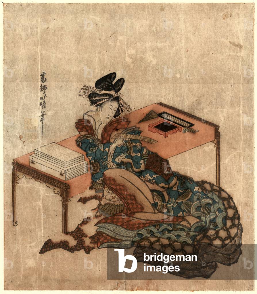 Tanzaku O Motsu Yujo, Courtesan Holding a Poem Card (Tanzaku). [Between 1818 and 1830], 1 Print : Woodcut, Color ; 21.3 X 18.5 ., Print Shows a Courtesan Seated with Her Back against a Writing Desk, Holding a Slip of Paper (Tanzaku) with a Poem Written on It.