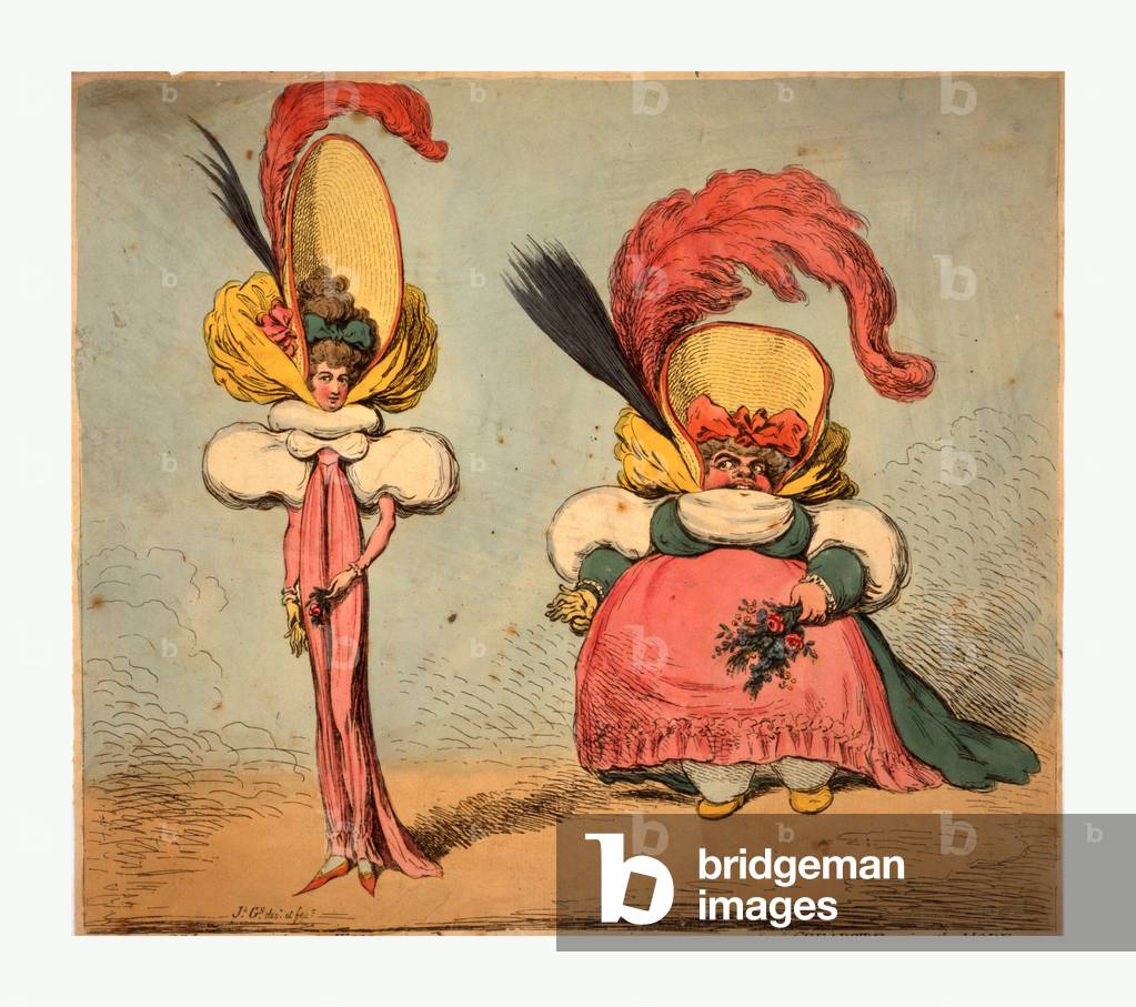 Following the Fashion, Gillray, James, 1756-1815, Artist, Engraving 1794, Two Women, One Tall and Pretty and Slim, the Other Short and Fat, Wear Burlesqued Versions of the New Fashions. Under Each is a Supplementary Title: (Left) St. James's Giving the Ton, a Soul Without a Body; (Right) Cheapside Aping the Mode, a Body Without a Soul.