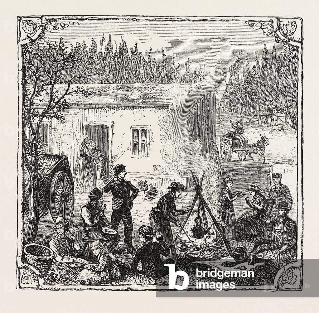 Hops and Hop Pickers, in a Kentish Hop Garden, Kent, England, the Temporary Home, Engraving 1876, UK