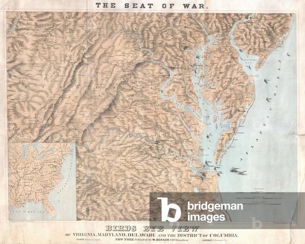 1861, Schaus Bird's Eye View Map of Virginia, Delaware, and North Carolina, Seat of War