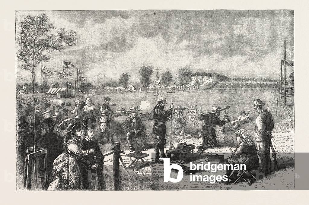 The International Rifle Match at Creedmoor, Between American, Irish, Scotch, Australian, and Canadian Teams, Engraving 1876, US, USA, America, United States