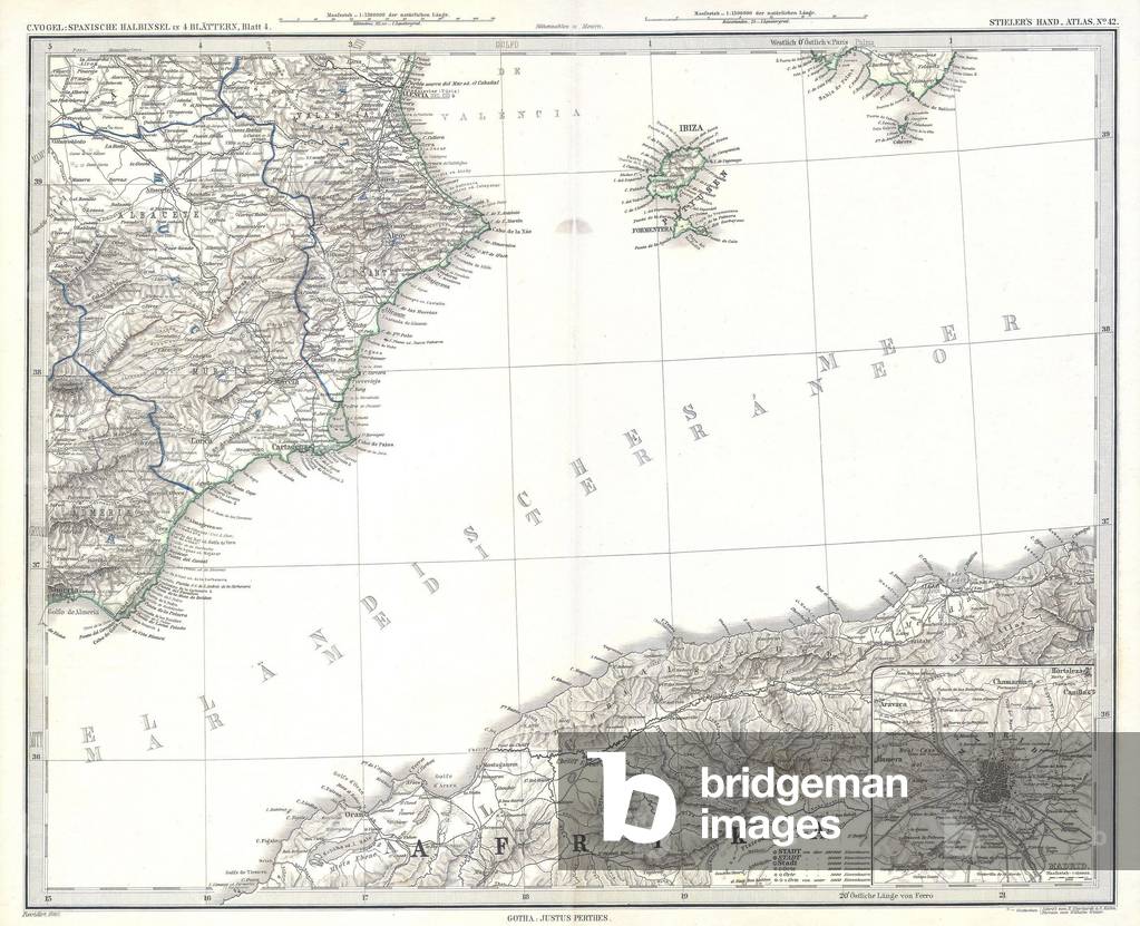 1873, Stieler's Map of Ibiza and Spanish and African Coasts
