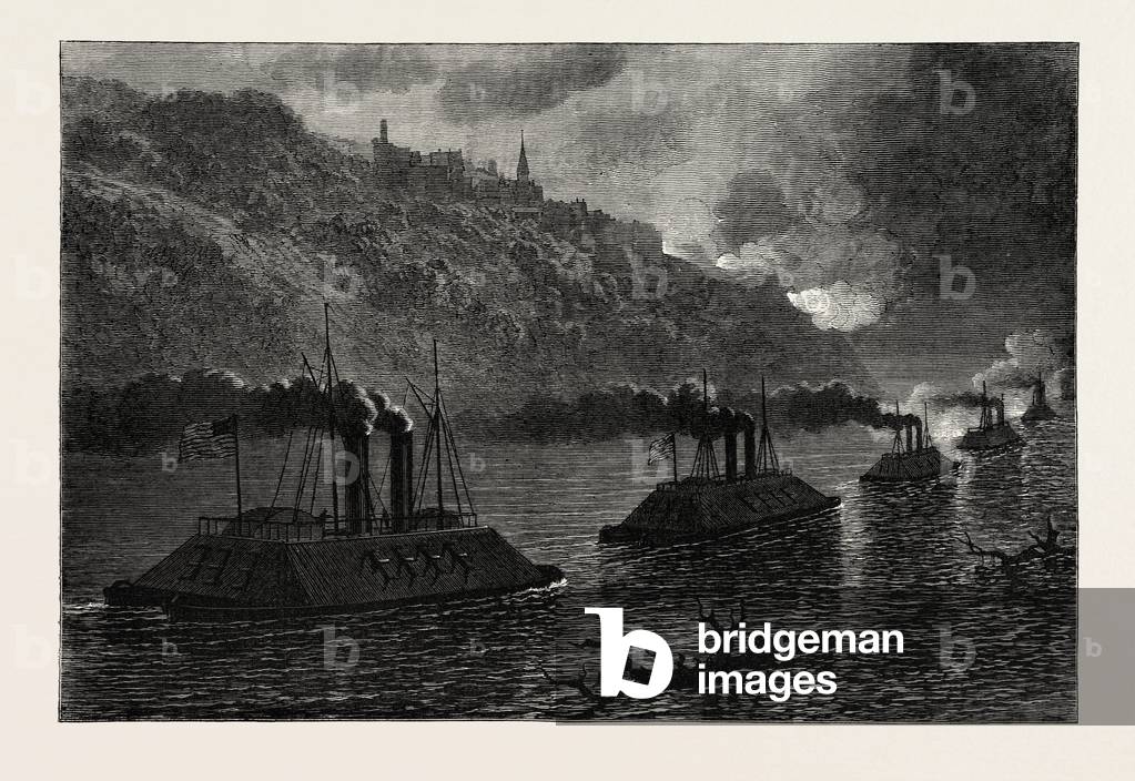 Gunboats Passing Vicksburg, American Civil War,USA, 1870s Engraving