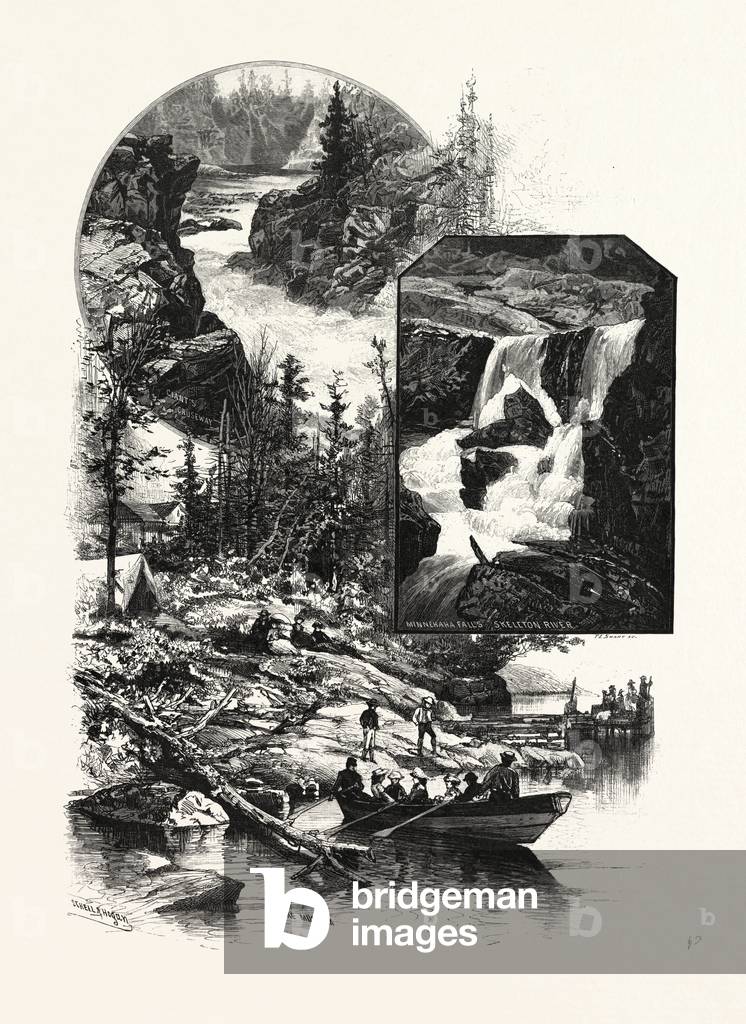 Muskoka Scenery: Giant's Causeway; Minnehana Falls, Skeleton River, Canada, Nineteenth Century Engraving