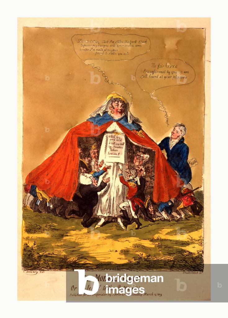 The Modern Circe or a Sequel to the Petticoat, Engraving 1809, Mrs. Mary Anne Clarke, Wearing the Duke of York's Military Cloak, Extending It to Cover a Crowd of Miniature Soldiers, Civilians and Clergymen Clustering Around Her with Outstretched Arms; Mr. Waddle (Mr. Wardle), Standing to the Side, Gazes at Her and Declares His Fascination.