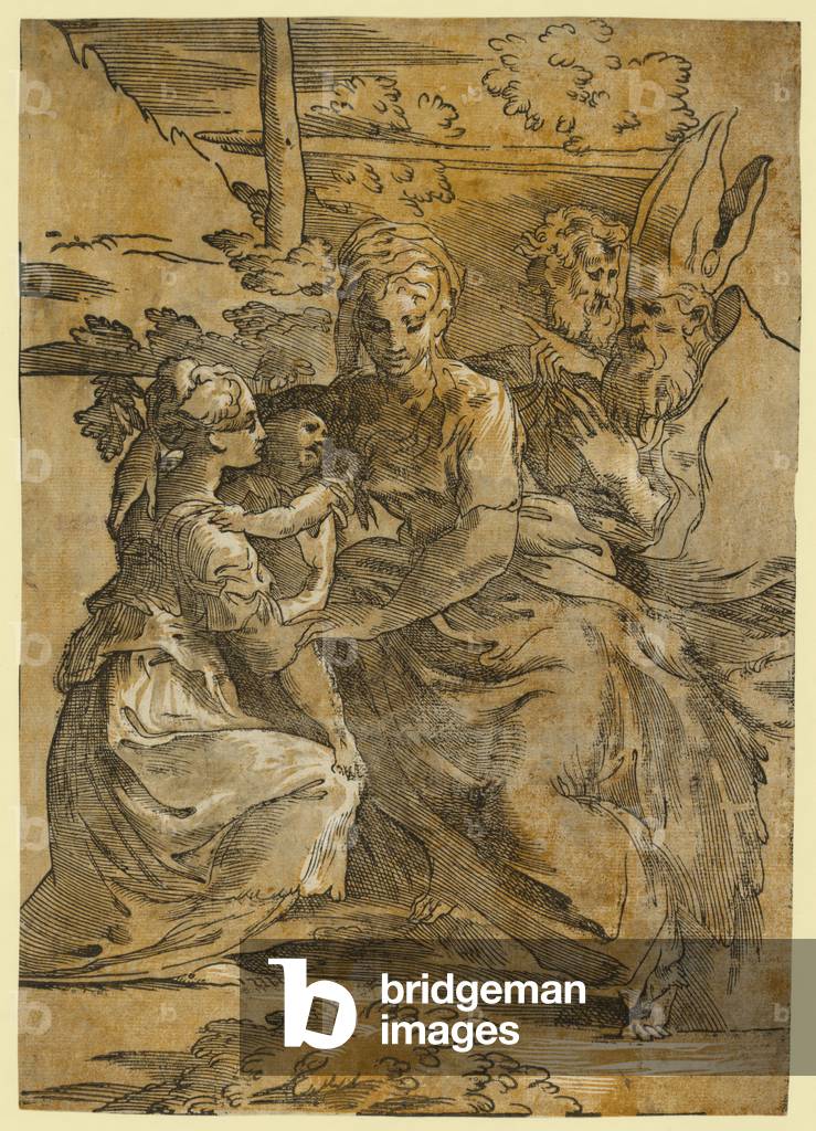 The Holy Family with St. Margaret and a Bishop (chiaro scuro woodcut)
