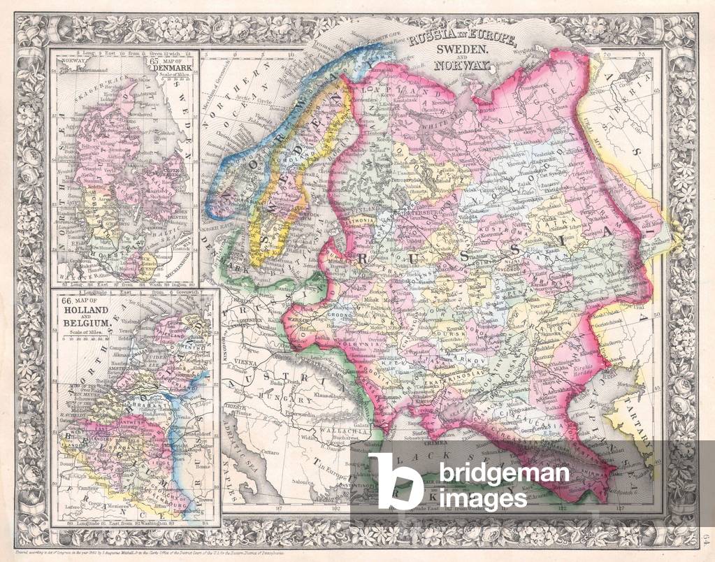 1864, Mitchell Map of Russia, Scandinavia, Denmark, Holland and Belgium