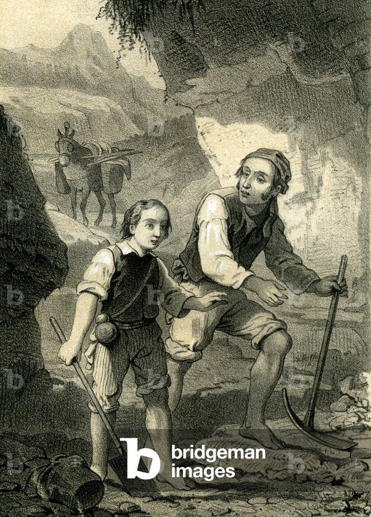 Landscape 19th Century Boy Man Horse Mountains Spade