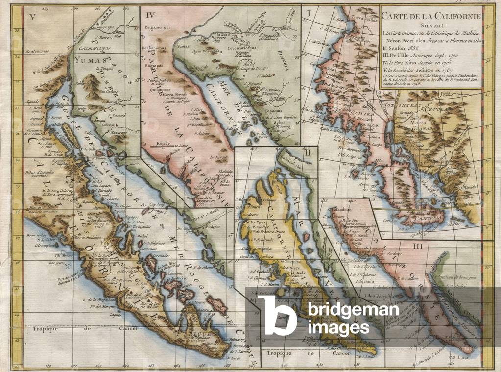 1772, Vaugondy, Diderot Map of California in five states, California as Island.