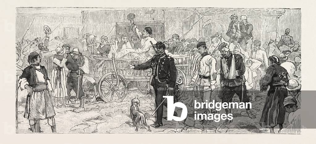 The Turco Servian War, a Convoy of Wounded Soldiers Arriving at Belgrade, Engraving 1876