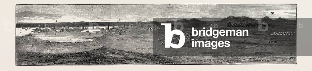 The Rebellion in the Soudan (Sudan): General View of Suakim with Its Fortifications 1. Island of Suakim. 2. Ghef or Native Town. 3. Fort with Four  Earthworks with Two Guns Protecting the Wells. 5. Wells Supplying the Town with  Camp of the British Men-of-War. 8. Causeway Between the Island and Ghef. 9. Stores for Coal and Lazaretto. 10. Tamanib About Fifteen Miles S.W. From Suakim. 11. Road to Berber