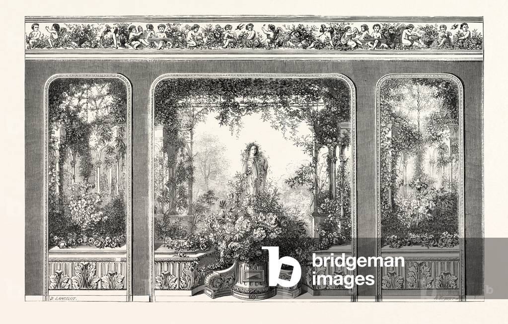 Industry Exhibition. Gardens of Armida, Executed Wallpaper by the House of Jules Desfosse. 1855. Paris, France, Exposition Universelle. An International Exhibition Held on the Champs-Elysees in 1855, Consisting of an Industrial and an Beaux Arts Exposition. Engraving