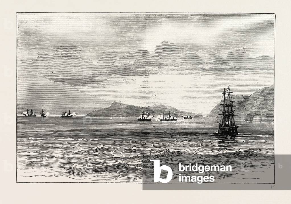 The Tetuan and the Vitoria Exchanging Broadsides, Sketched from H.M.S. Research, 1873 Engraving