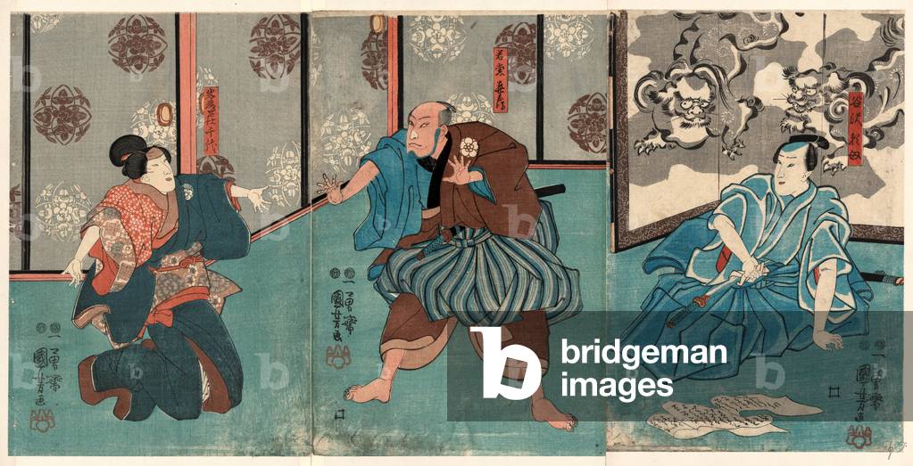 Tanizawa Tanomo Wakato Kihei Iwafuji Meshitsukai Chiyo, Three Actors in the Roles of Tanizawa Tanomo Kuniyoshi, 1798-1861, [Between 1848 and 1854], 1 Print (3 Sheets) : Woodcut, Color., Print Shows Actors Portraying a Woman and Two Men in an Episode Depicting the Ritual Suicide of One of the Male Characters.