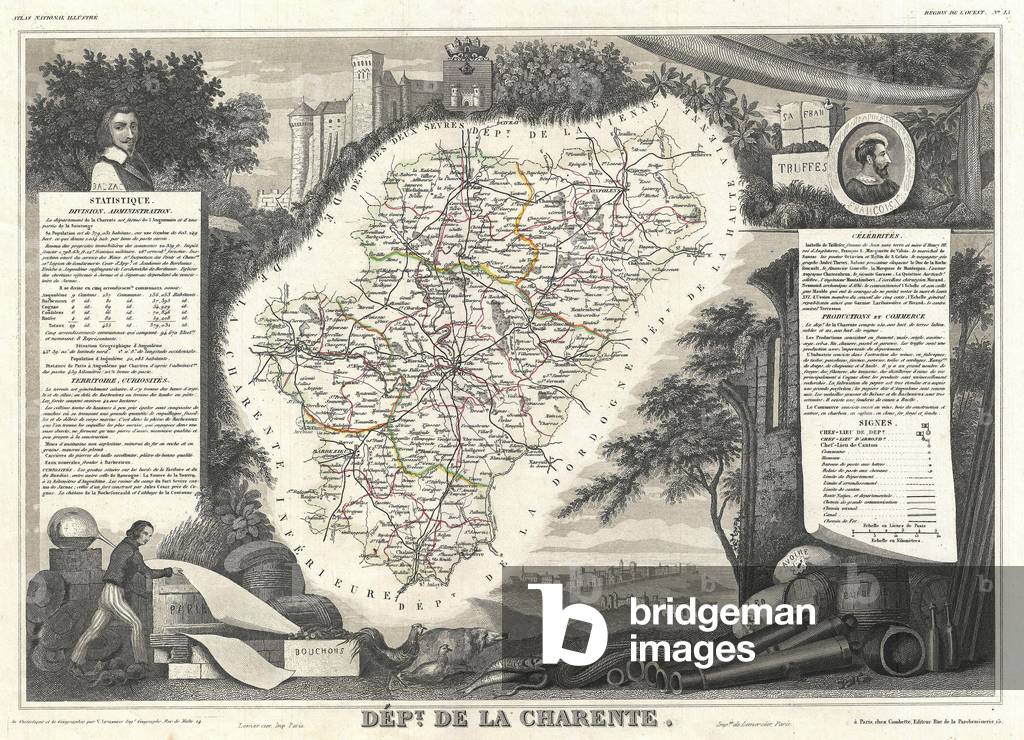1852, Levasseur Map of the Department La Charente, France, Cognac and Pineau Wine Region