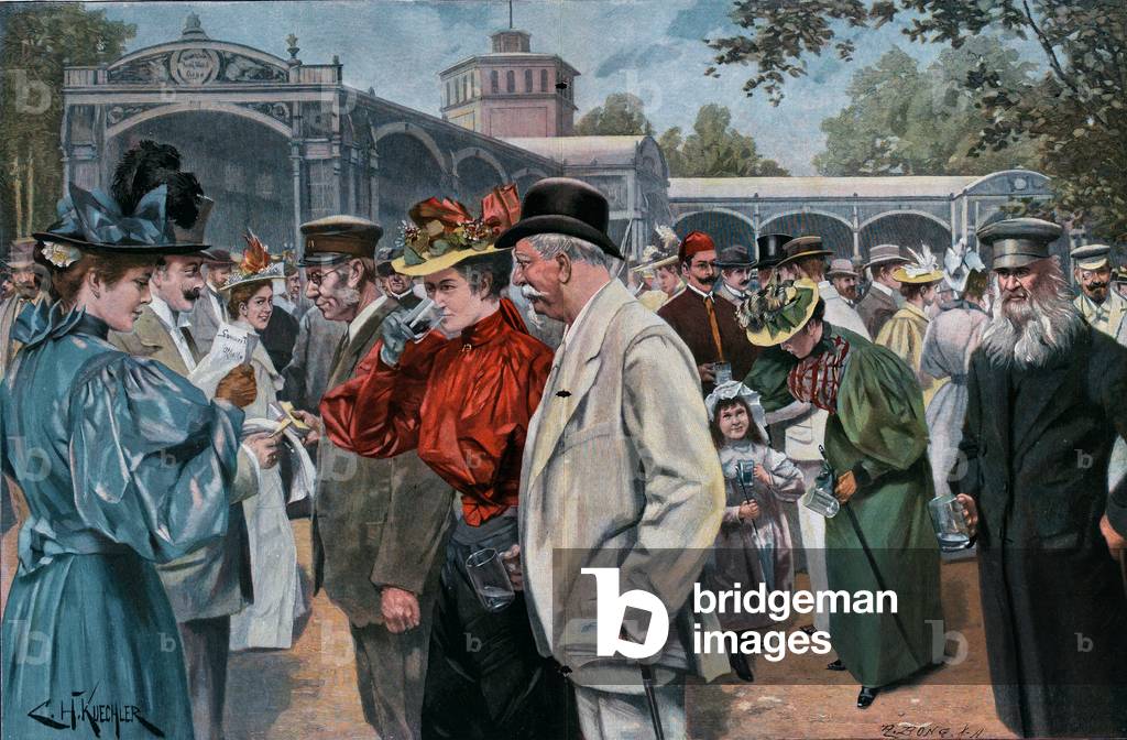Georg-Viktor Quelle, Bad Wildungen. Germany, Europe, Caucasian, Fine Art, Men, Women, Male, Female, Painting, Summer, Season, Promenade, Group of People, Drinking Water, Social Gathering, Spring Water, Food and Drink, Liszt Gourmet Archive, Hat, Hats, Walking Stick, Child, Girl, 19th Century, Fashion, Waldeck-Frankenberg, Hesse, Germany, Spa, Resort, Health, Wellness, Therapy, Treatment, Healthy, Care, Natural, Relaxation, Relax, Wellbeing