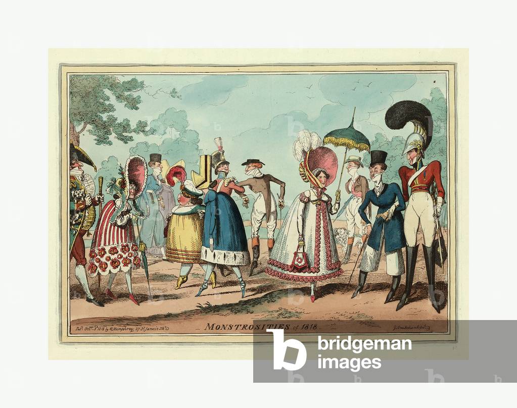 Monstrosities of 1818, Engraving 1818, Unusual Clothing Styles in Men's and Women's Fashions, Particularly Dresses and Hats.