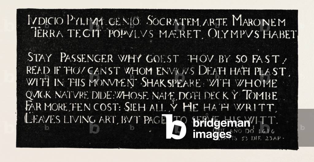 Inscription on the Memorial Tablet to Shakespeare, Holy Trinity Church, Stratford-on-Avon, 1888 Engraving