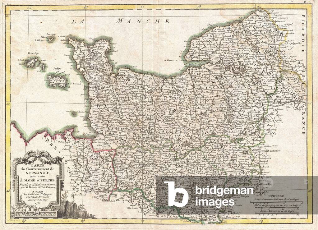 1771, Bonne Map of Normandy, France, Rigobert Bonne 1727 Ð 1794, one of the most important cartographers of the late 18th century