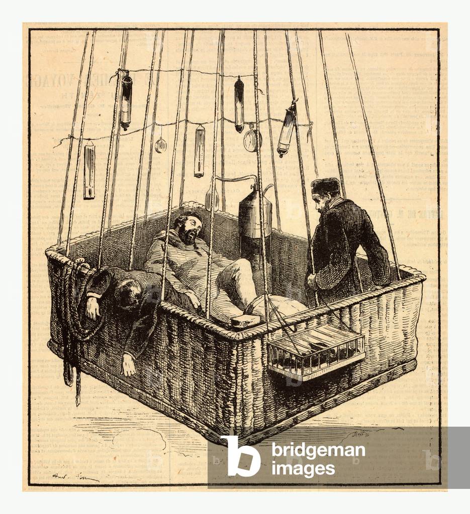 View of Journalist Joseph Crocé-Spinelli, Naval Officer Henri Sivel, and Gaston Tissandier in the Basket of the Balloon, Zénith, after Losing Consciousness Due to Lack of Oxygen after Reaching an Altitude of Nearly 28,000 Ft., Near Paris, France, April, 1875