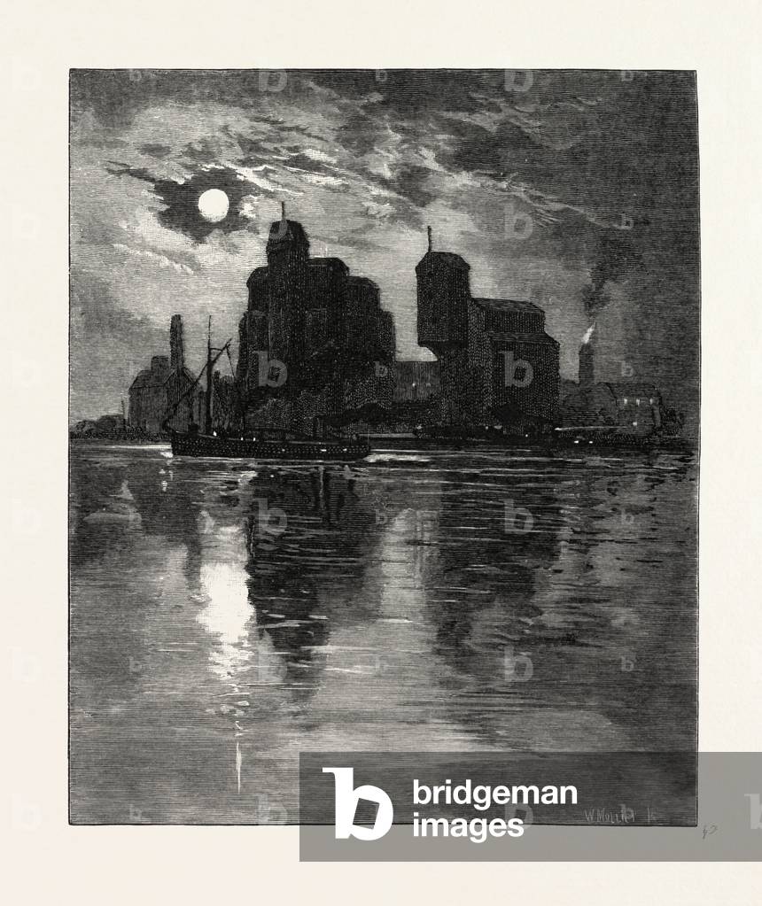Riverside Granaries, Canada, Nineteenth Century Engraving