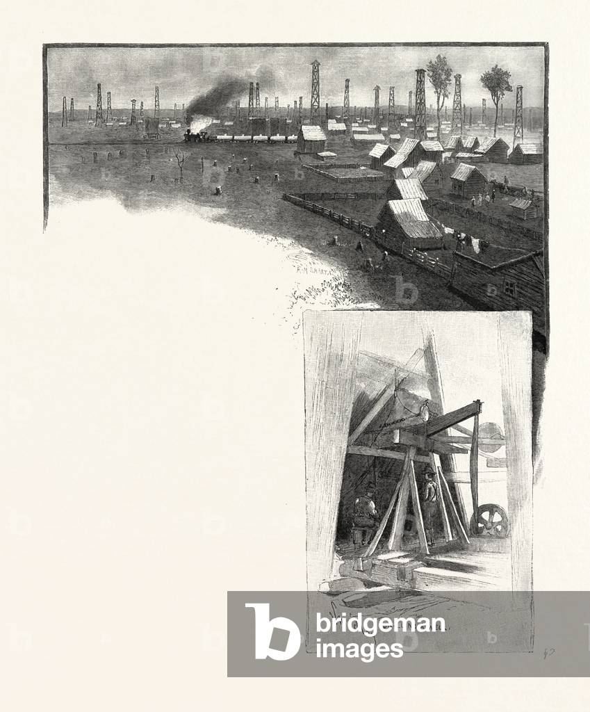 Oil Derricks, Petrolea (Top); Drilling a Well (Bottom), Canada, Nineteenth Century Engraving