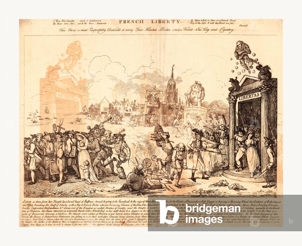 French Liberty, Nixon, John, -1818, Artist, [1793 July], on the Right Liberty is Torn from Her Temple by a Hired Band of Ruffians Bound & Going to Be Sacrificed to the Rage of These Ignorant People; ... And on the Left, Artists and Artisans, a Mother with Two Children, and Others Are Driven Away by Booted Thugs with Clubs, at Center a Spinning Wheel Burns, a Boy Adds a Book Fine Arts to the Fire, and an Old Man Breaks in Half the Staff of Liberty. Additional Scenes of Merriment and Chaos Take Place in the Background.