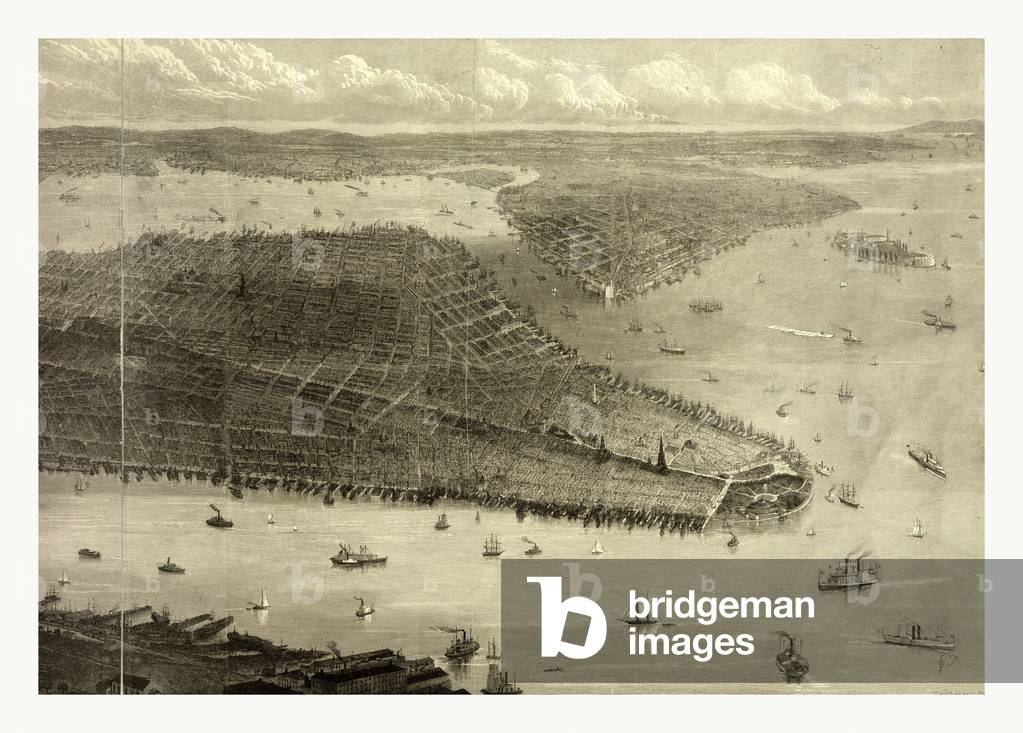Bird's eye view of New York City, New York, showing Battery Park on the right and Central Park on the left; also visible are the foundations for the Brooklyn Bridge, 1876, US, USA, America ©LisztCollection/Leemage