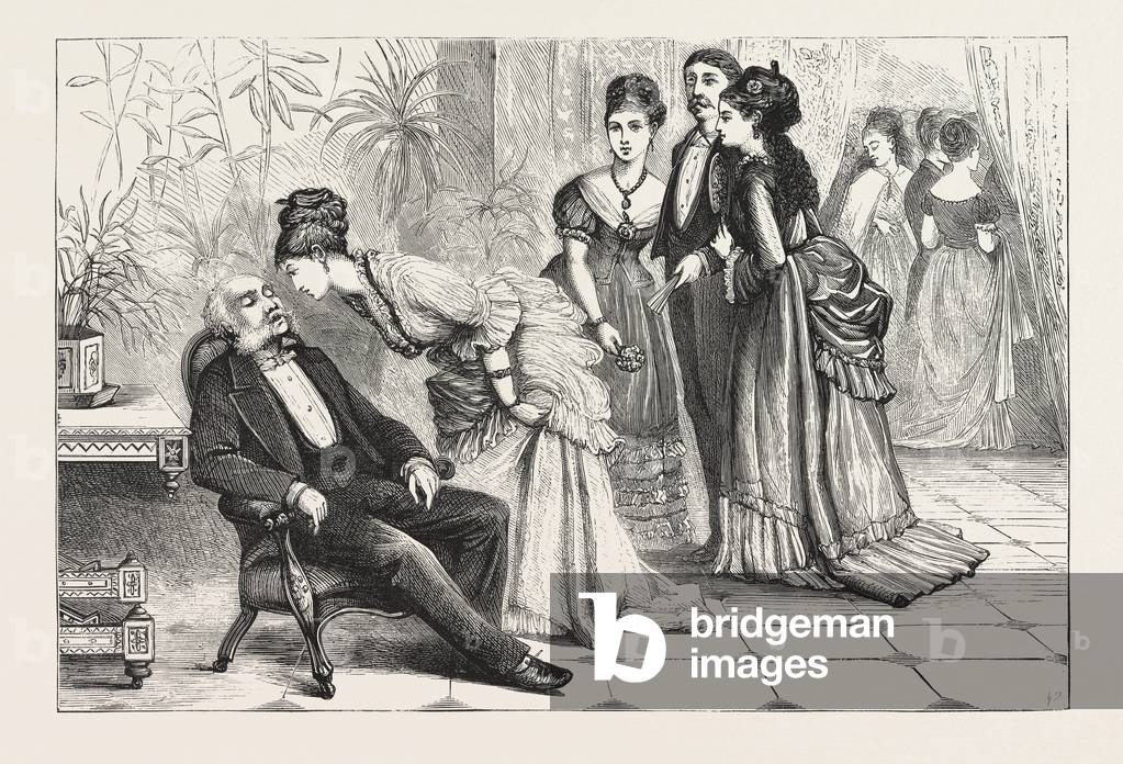 Winning the Gloves. Engraving 1876, Man, Ladies, Interior, Sleeping, Gathering,