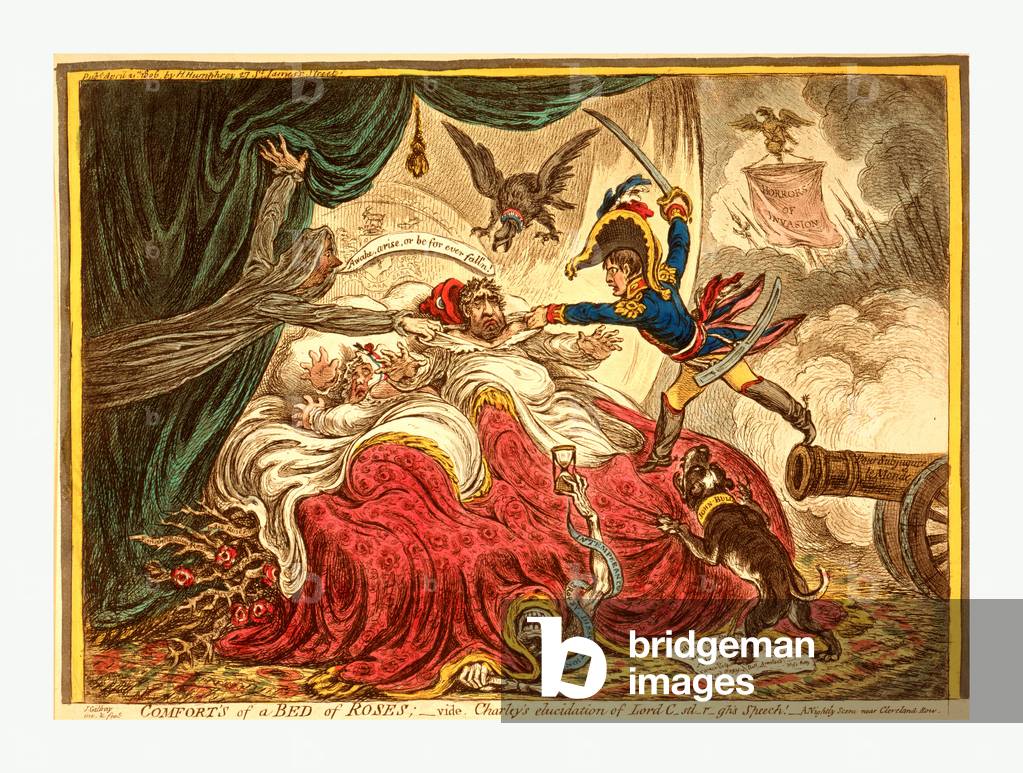 Comfort of a Bed of Roses, Gillray, James, 1756-1815, Engraver, [London]: H. Humphrey, 1806,  Charles Fox, in Bed with His Wife, Having a Nightmare. To the Right, Napoleon Jumps to the Bed from a Cannon with the Words Pour Subjugeur Le Monde Inscribed on the Muzzle; behind Him Are Seen Pikes and a Banner with the Words Horrors of Invasion. William  Pitt, As a Shade, Floats Near the Bed, Admonishing Fox to Awake. An Eagle with the Collar Labeled Prussia Looms Over Fox's Head. From Under the Bed Grow Thorny Rose Branches and Death Crawls Out from Under the Covers. A Bulldog with Its Collar Inscribed John Bull Lunges at Napoleon.