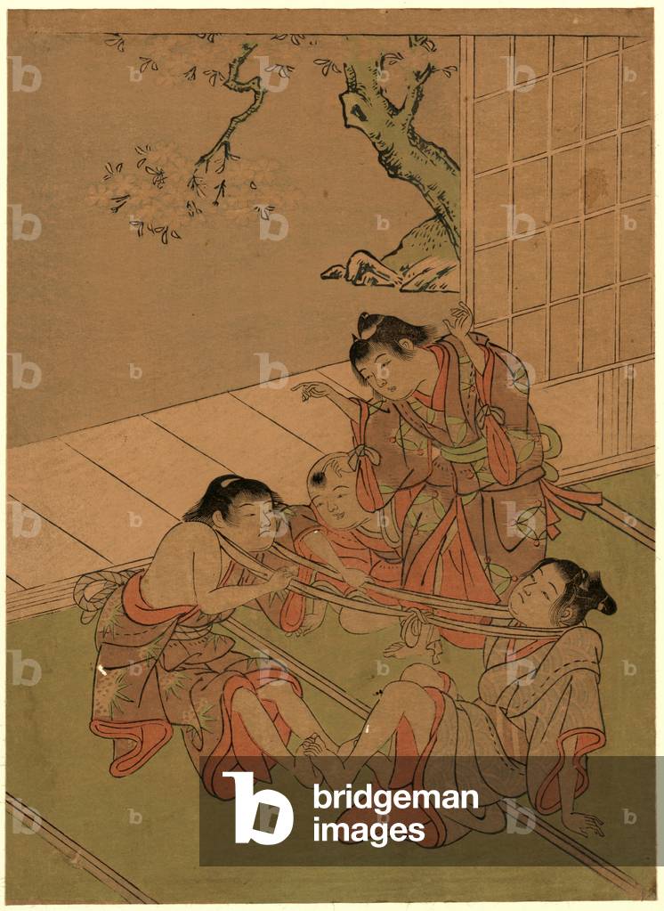 Kubihiki, Neck Tug of War. [Between 1770 and 1773], 1 Print : Woodcut, Color ; 26.6 X 19.3 ., Print Shows Two Boys Watching Two Boys Seated with Their Feet Pushing against the Other's and with a Long Strip of Cloth Looped Over Their Heads in a Game of Tug-of-War.