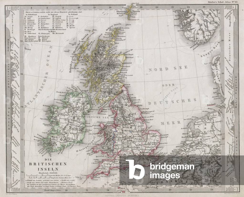 1862, Stieler Map of the British Isles, England, Ireland, Scotland