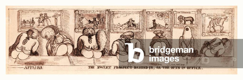 Affairs. The Sweet Prospect behind Us, or the Outs in Office, Publisher, En Sanguine Engraving 1789, Rear Views of the Prince of Wales, Maria Fitzherbert, Charles James Fox, Lord North, Edmund Burke, a Prospective Lord Chancellor, and Richard B. Sheridan, with Buttocks Exposed, Defecating. On the Wall in the Background Are Paintings Depicting Each of the Sitters.