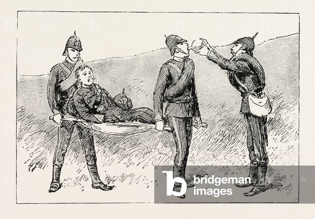 And Being Unable to Walk I Was Placed on a Stretcher, 1888 Engraving