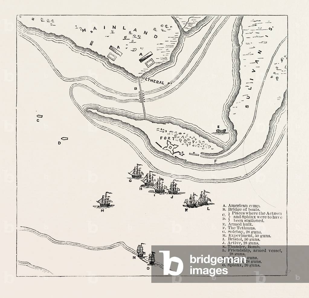 Plan of Attack on Sullivan's Island, from Faden's Atlas,USA, 1870s Engraving