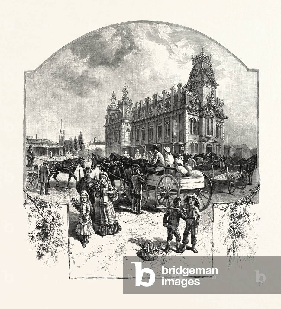 Georgian Bay and the Muskoka Lakes, Town Hall And Market, Barrie, Canada, Nineteenth Century Engraving
