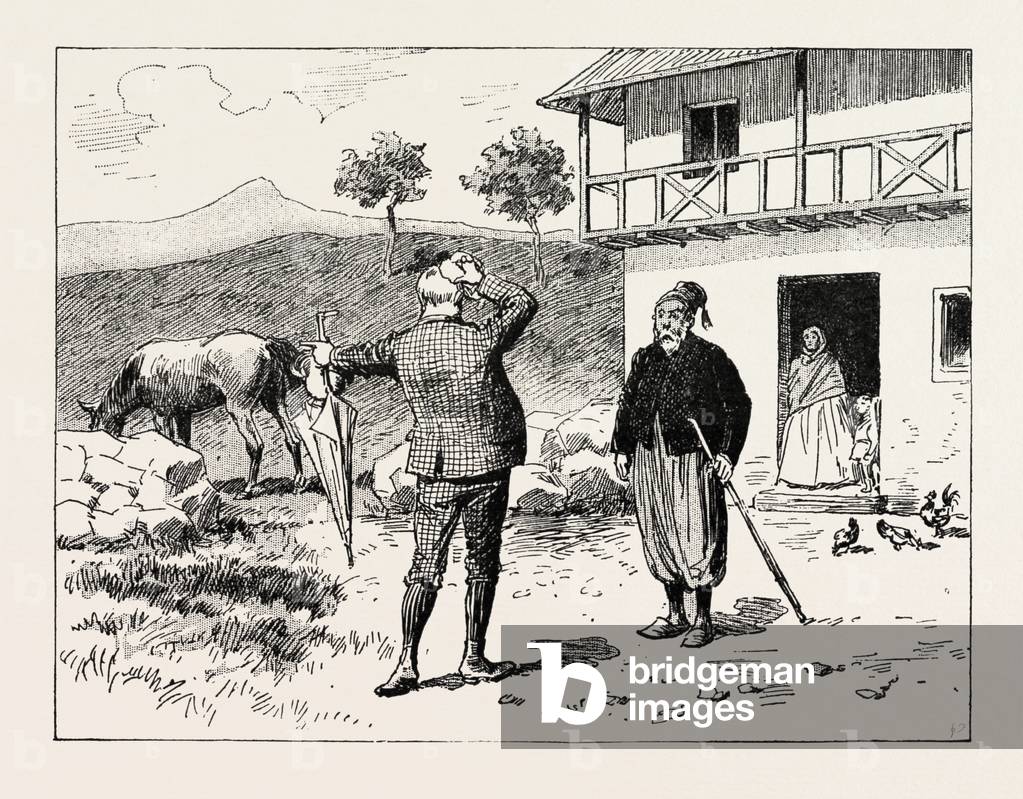 A Morning Ride in Athens, Greece, But after an Hour's Tramp I Felt Tired, and Passing a Farm, Where I Saw a Horse Grazing, I Entered Into Negotiations (by Means of My School Greek and Signs) for the Hire of the Animal for the Remainder of the Journey to the Mount, Engraving 1890